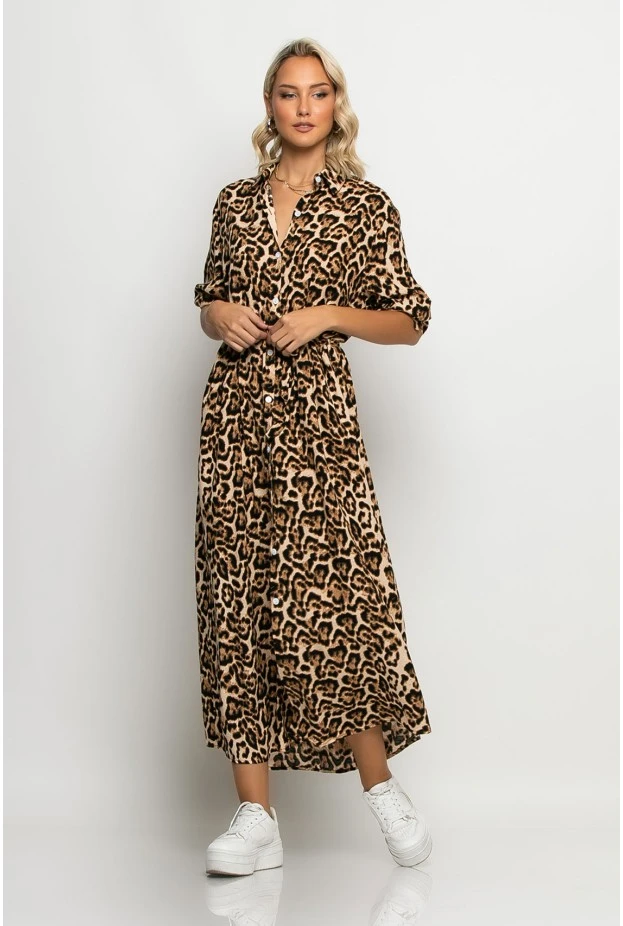 Dress semizie leopard print μπεζ ανοιχτό