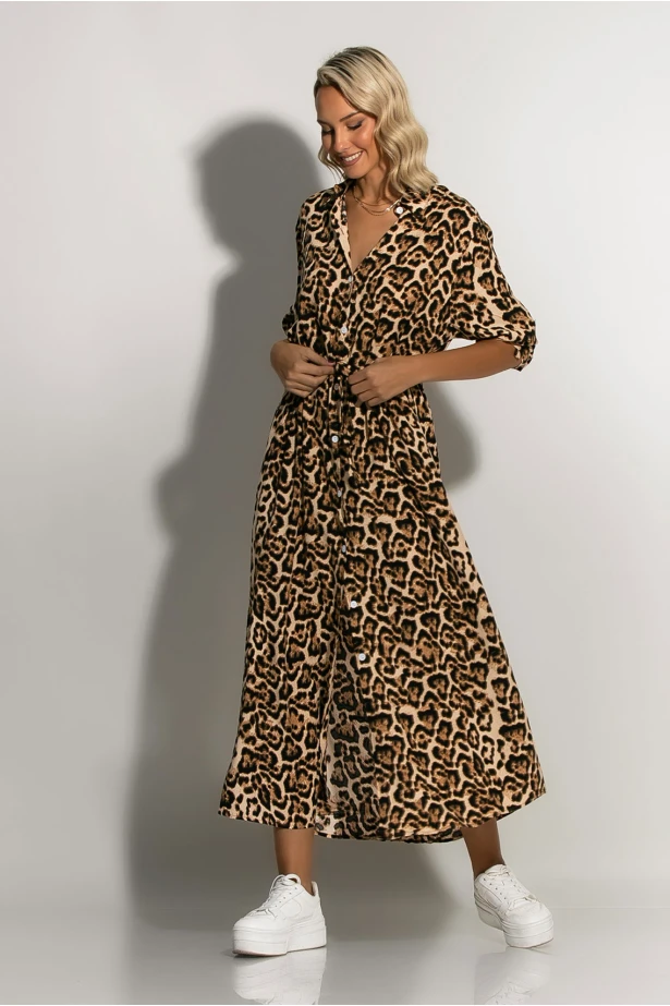 Dress semizie leopard print μπεζ ανοιχτό Dress semizie leopard print μπεζ ανοιχτό