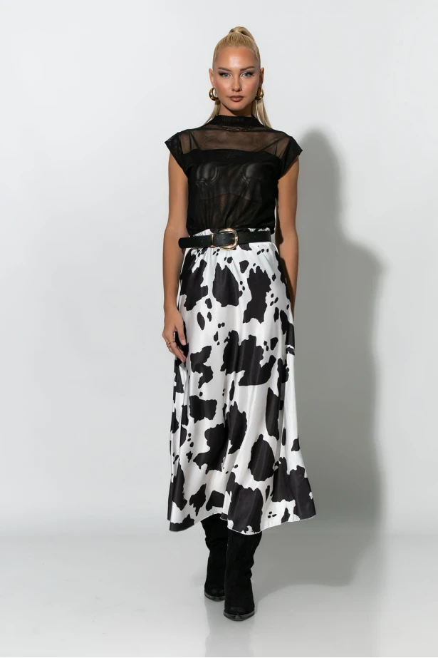 Μίντι φούστα σατέν cow print μαύρο 