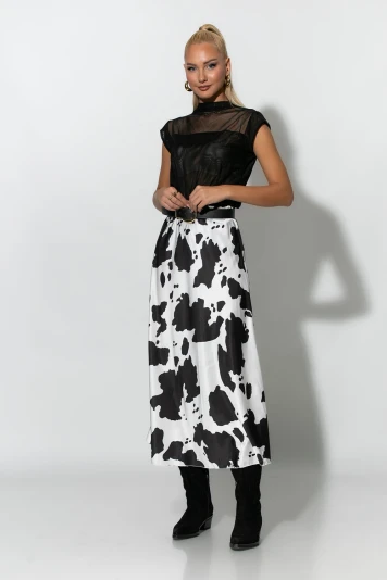 Μίντι φούστα σατέν cow print μαύρο 