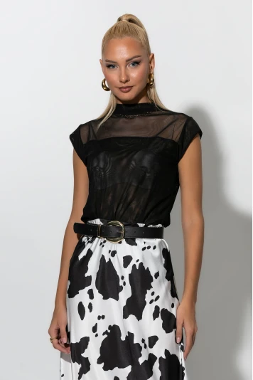 Μίντι φούστα σατέν cow print μαύρο 