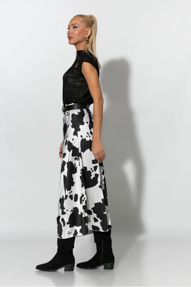 Μίντι φούστα σατέν cow print μαύρο 