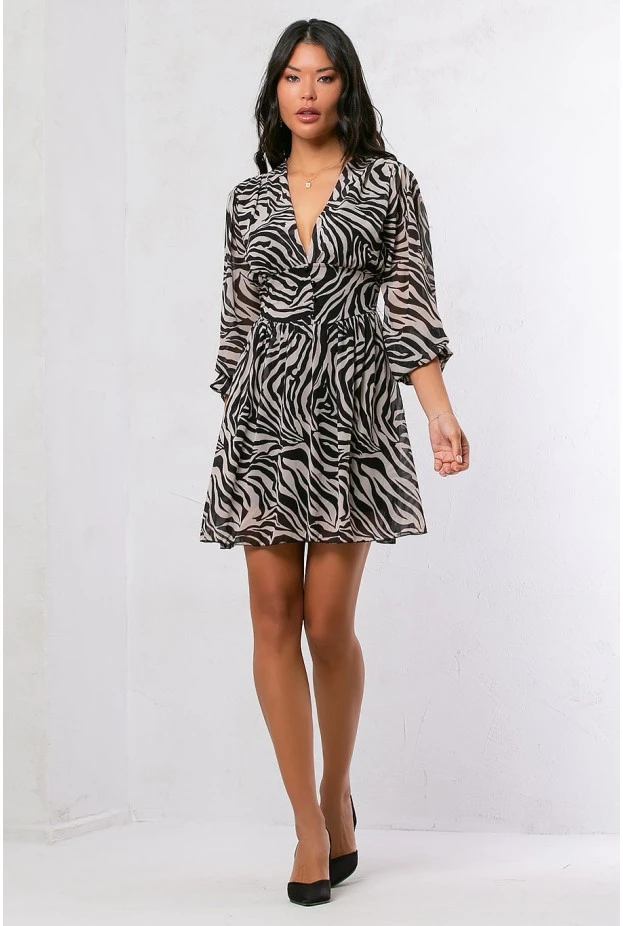 Μίνι φόρεμα animal print zebra με κουμπιά στη μέση μπεζ