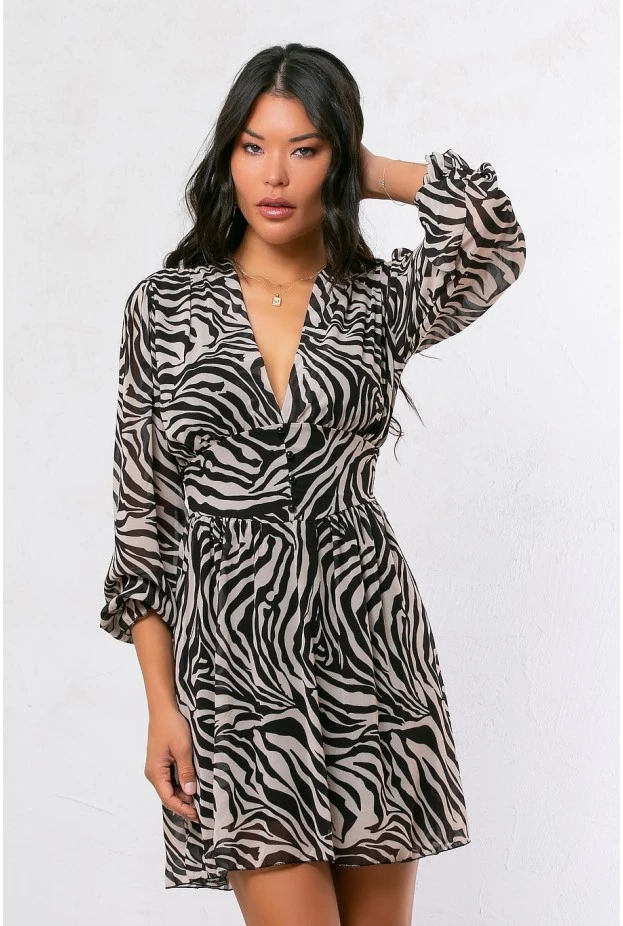 Μίνι φόρεμα animal print zebra με κουμπιά στη μέση μπεζ