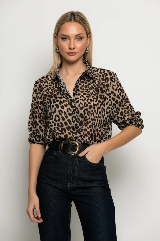 Leopard print πουκάμισο μπεζ-μαύρο Leopard print πουκάμισο μπεζ-μαύρο