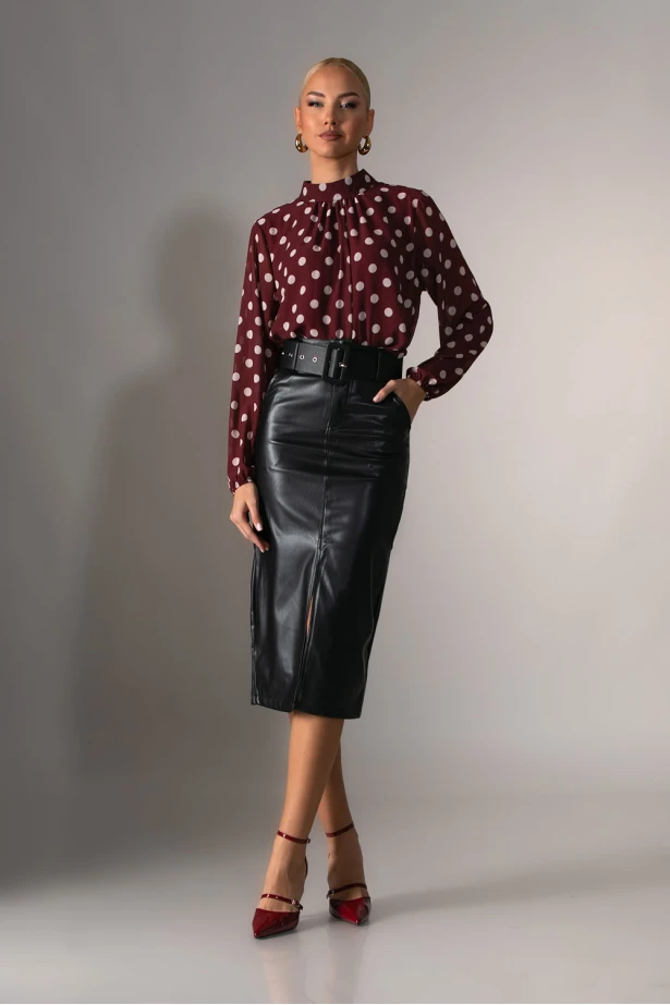 Μίντι φούστα δερματίνη με ζώνη μαύρο