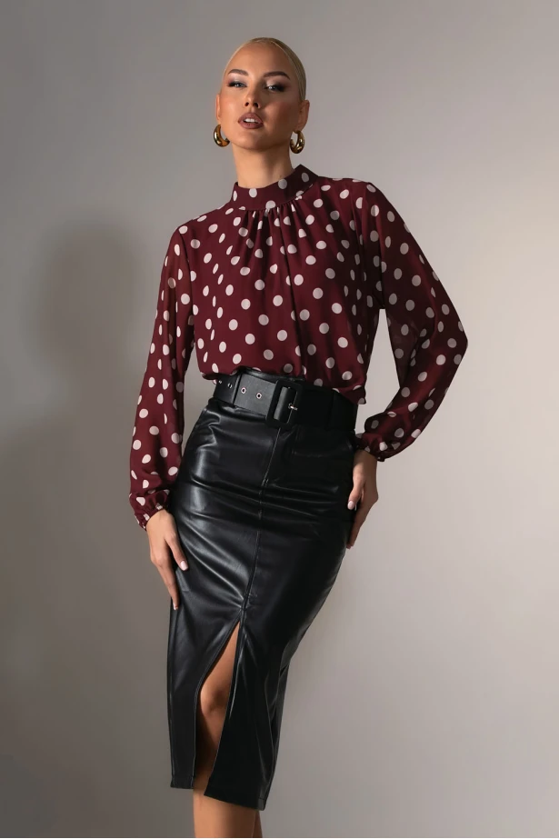 Μίντι φούστα δερματίνη με ζώνη μαύρο