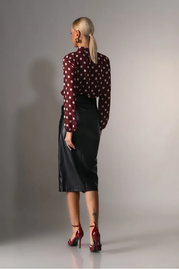 Μίντι φούστα δερματίνη με ζώνη μαύρο