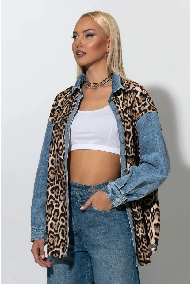 Πουκάμισο leopard print με τζιν λεπτομέρειες μπλε
