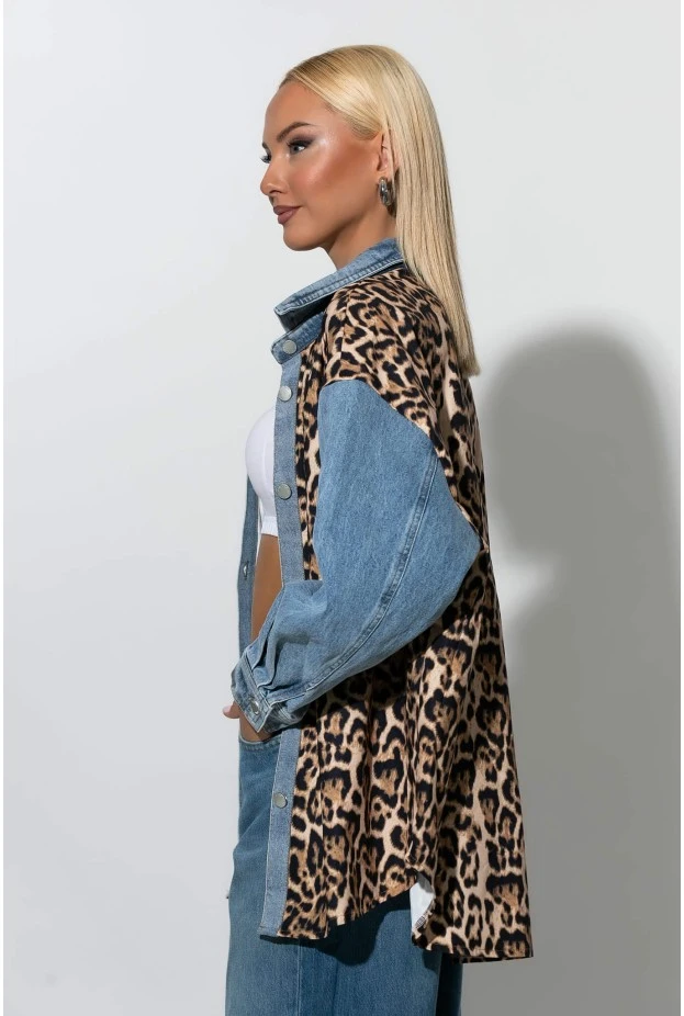 Πουκάμισο leopard print με τζιν λεπτομέρειες μπλε