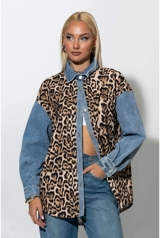 Πουκάμισο leopard print με τζιν λεπτομέρειες μπλε