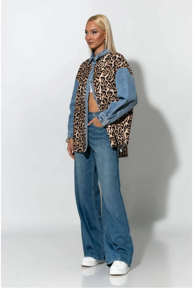 Πουκάμισο leopard print με τζιν λεπτομέρειες μπλε