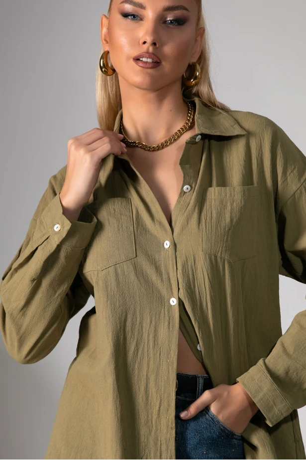 Πουκάμισο μακρυμάνικο με τσέπες χακί
