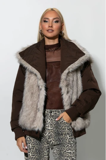 Bomber double face jacket με γιακά καφέ