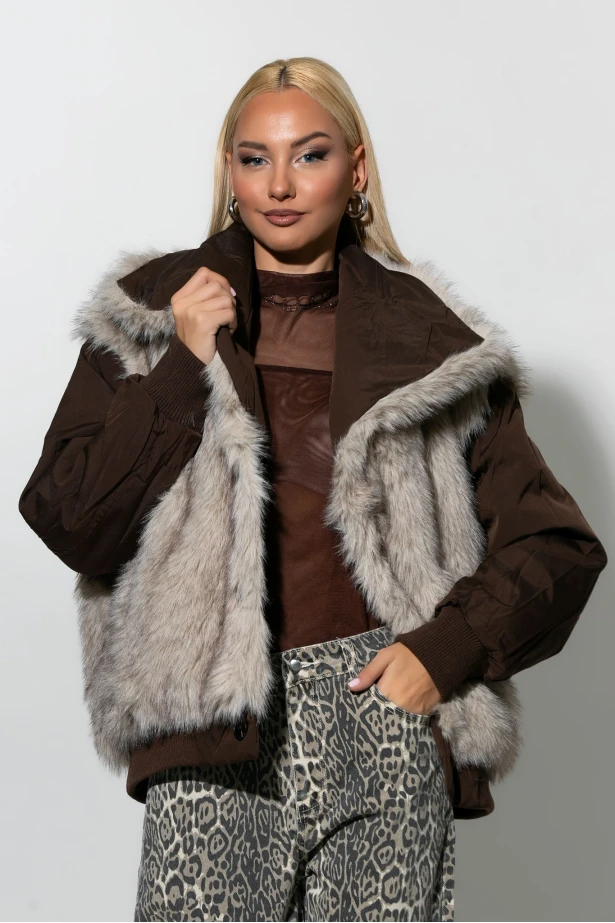Bomber double face jacket με γιακά καφέ