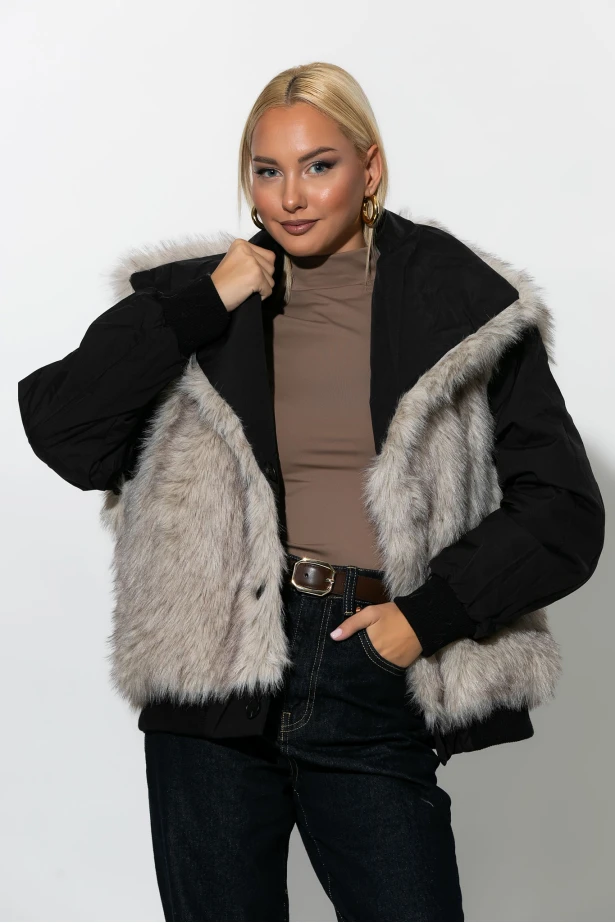 Bomber double face jacket με γιακά μαύρο Bomber double face jacket με γιακά μαύρο