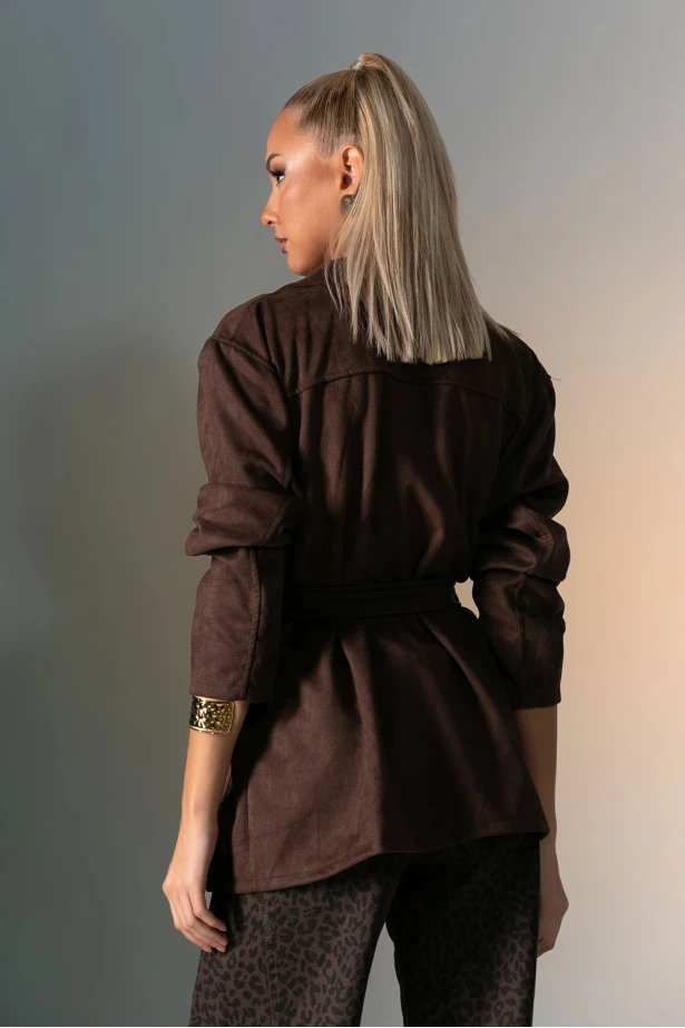 Blazer σουέντ με κουμπιά και ζώνη καφέ Blazer σουέντ με κουμπιά και ζώνη καφέ