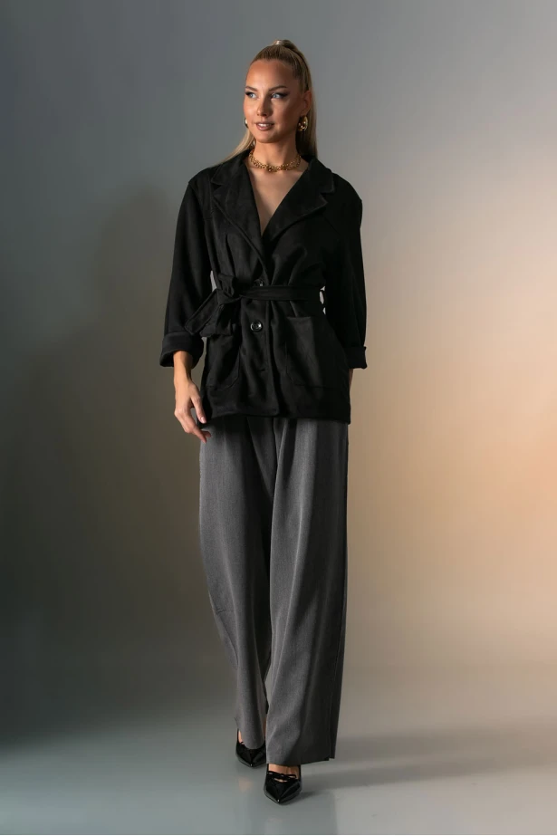 Blazer σουέντ με κουμπιά και ζώνη μαύρο Blazer σουέντ με κουμπιά και ζώνη μαύρο