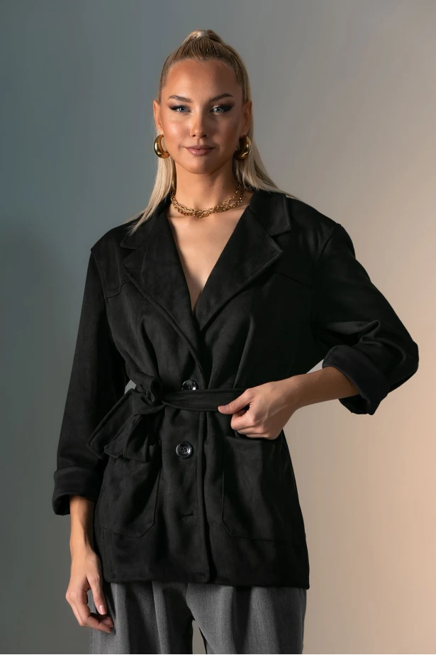Blazer σουέντ με κουμπιά και ζώνη μαύρο Blazer σουέντ με κουμπιά και ζώνη μαύρο