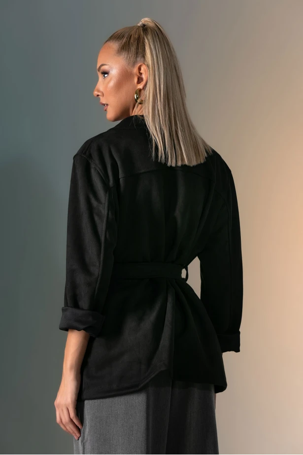 Blazer σουέντ με κουμπιά και ζώνη μαύρο Blazer σουέντ με κουμπιά και ζώνη μαύρο