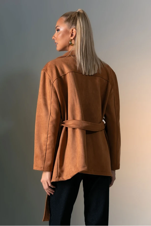 Blazer σουέντ με κουμπιά και ζώνη ταμπά