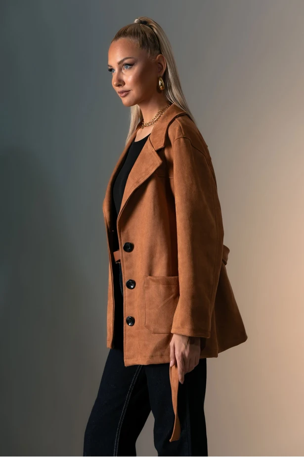 Blazer σουέντ με κουμπιά και ζώνη ταμπά