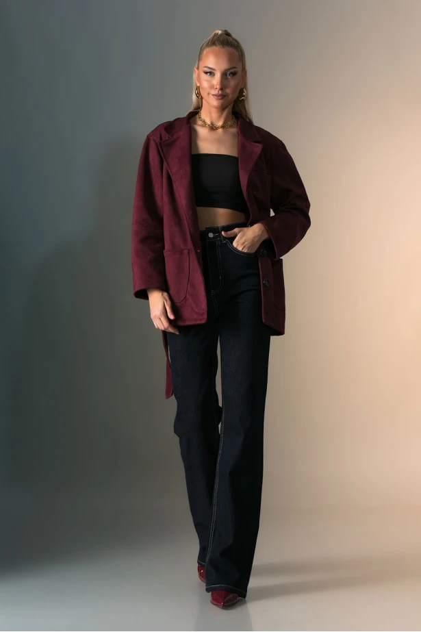 Blazer σουέντ με κουμπιά και ζώνη μπορντό Blazer σουέντ με κουμπιά και ζώνη μπορντό