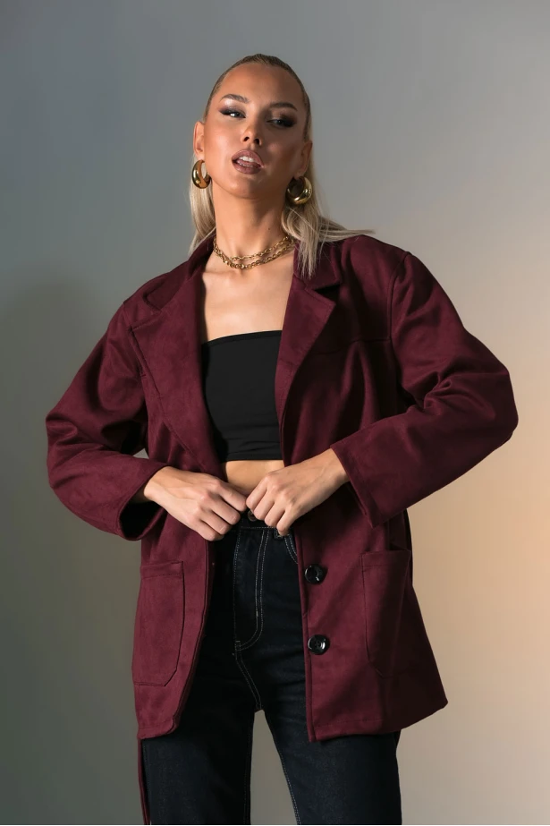 Blazer σουέντ με κουμπιά και ζώνη μπορντό Blazer σουέντ με κουμπιά και ζώνη μπορντό