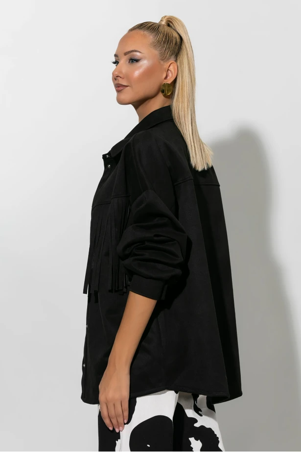 Jacket σουέντ με κρόσια μαύρο Jacket σουέντ με κρόσια μαύρο