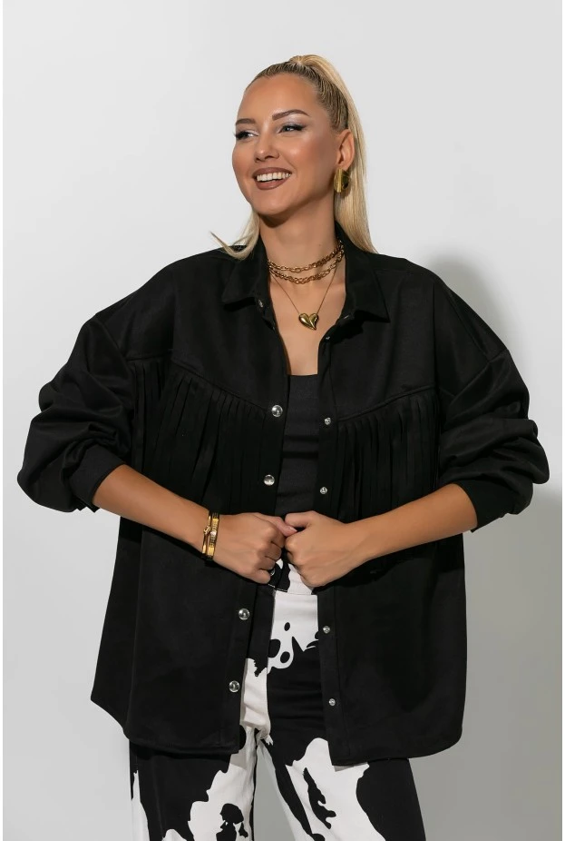 Jacket σουέντ με κρόσια και κουμπιά μαύρο
