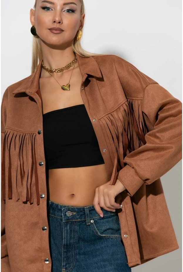 Jacket σουέντ με κρόσια και κουμπιά ταμπά