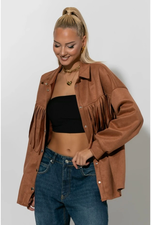 Jacket σουέντ με κρόσια και κουμπιά ταμπά