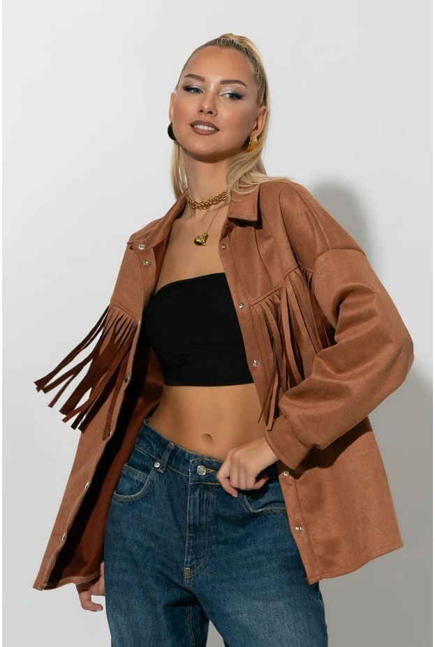 Jacket σουέντ με κρόσια και κουμπιά ταμπά