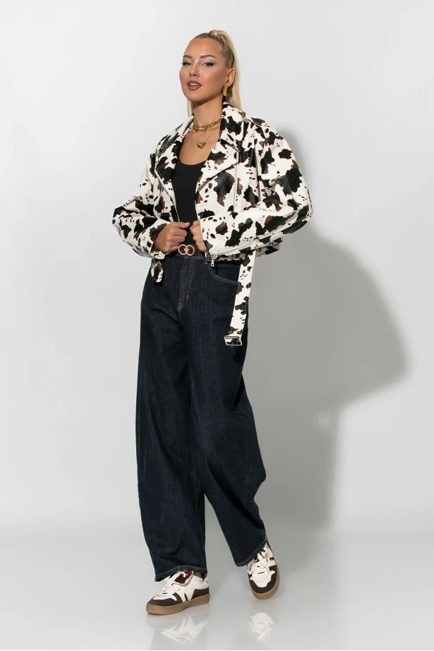 Cropped leather jacket cow print με ζωνάκι μπεζ Cropped leather jacket cow print με ζωνάκι μπεζ