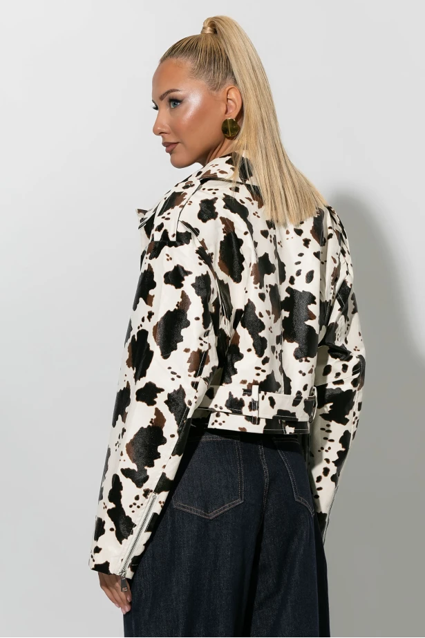 Cropped leather jacket cow print με ζωνάκι μπεζ Cropped leather jacket cow print με ζωνάκι μπεζ