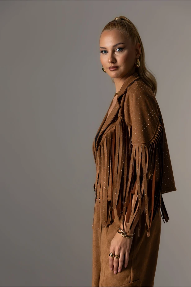 Jacket σουέντ με στρας και κρόσια ταμπά Jacket σουέντ με στρας και κρόσια ταμπά