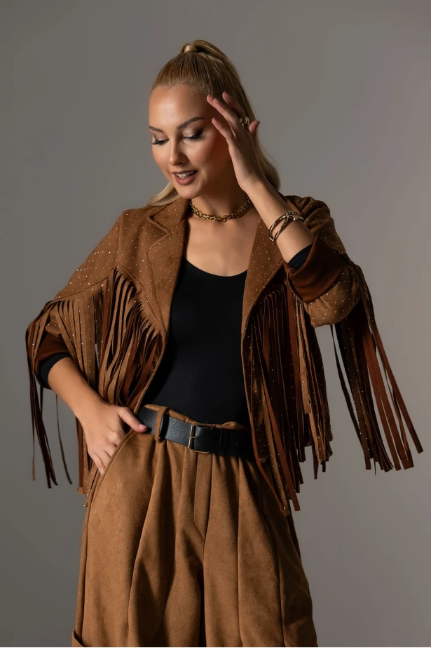 Jacket σουέντ με στρας και κρόσια ταμπά Jacket σουέντ με στρας και κρόσια ταμπά