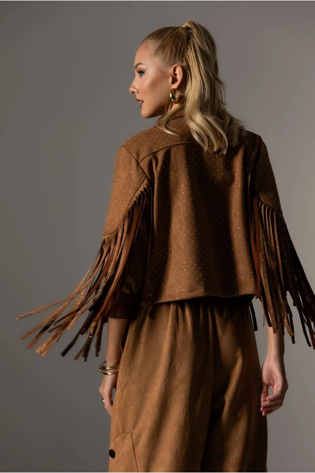 Jacket σουέντ με στρας και κρόσια ταμπά Jacket σουέντ με στρας και κρόσια ταμπά