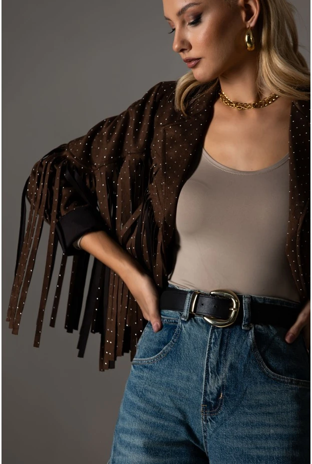 Jacket σουέντ με στρας και κρόσια καφέ