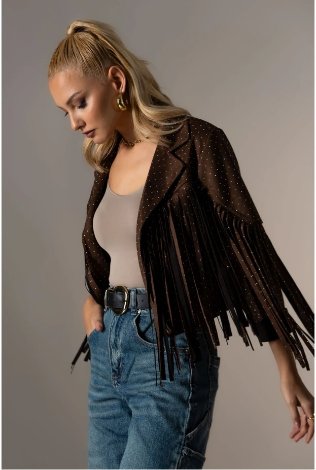 Jacket σουέντ με στρας και κρόσια καφέ