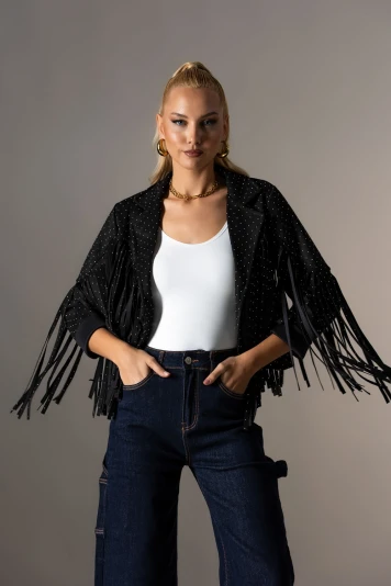 Jacket σουέντ με στρας και κρόσια μπορντό