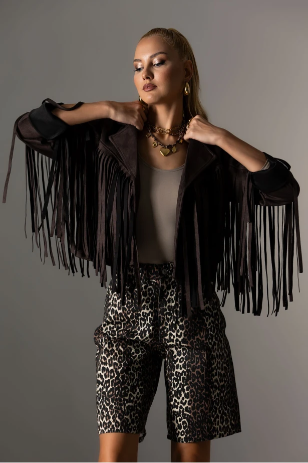Jacket σουέντ με κρόσια μπροστά καφέ Jacket σουέντ με κρόσια μπροστά καφέ