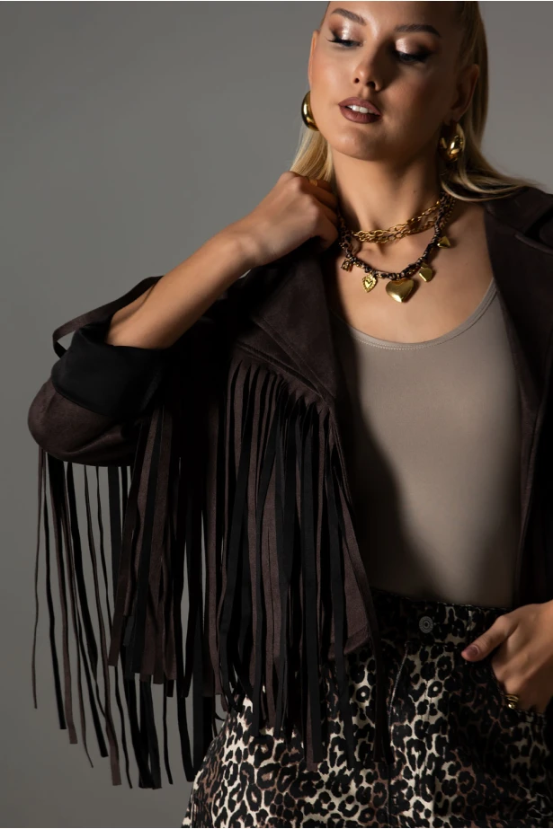 Jacket σουέντ με κρόσια μπροστά καφέ Jacket σουέντ με κρόσια μπροστά καφέ