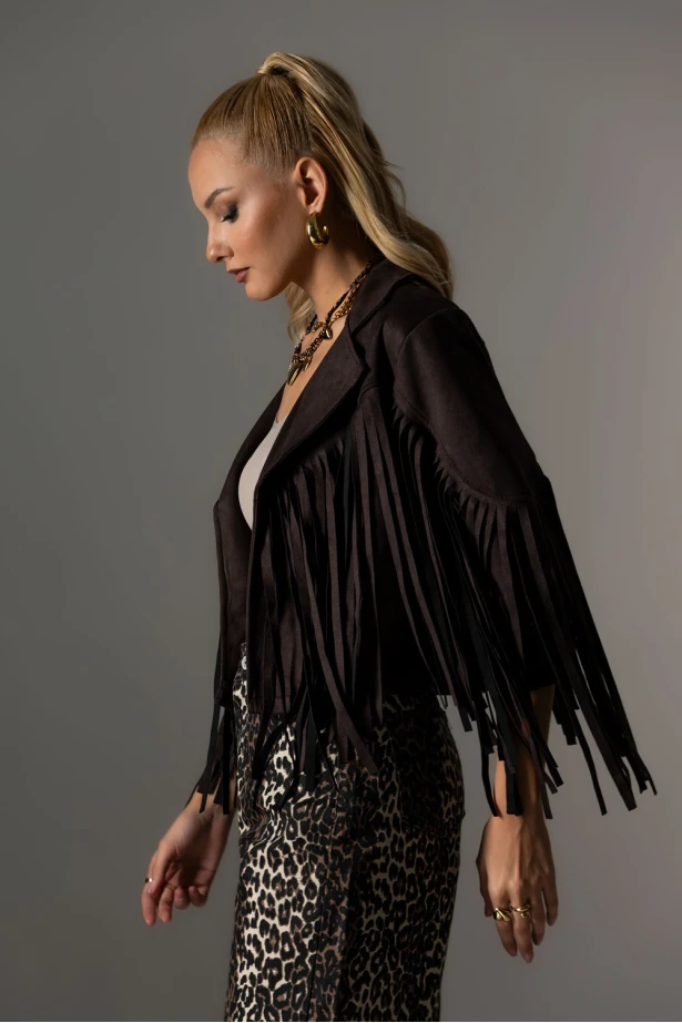 Jacket σουέντ με κρόσια μπροστά καφέ Jacket σουέντ με κρόσια μπροστά καφέ