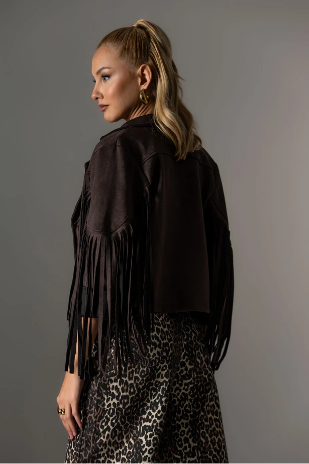 Jacket σουέντ με κρόσια μπροστά καφέ Jacket σουέντ με κρόσια μπροστά καφέ