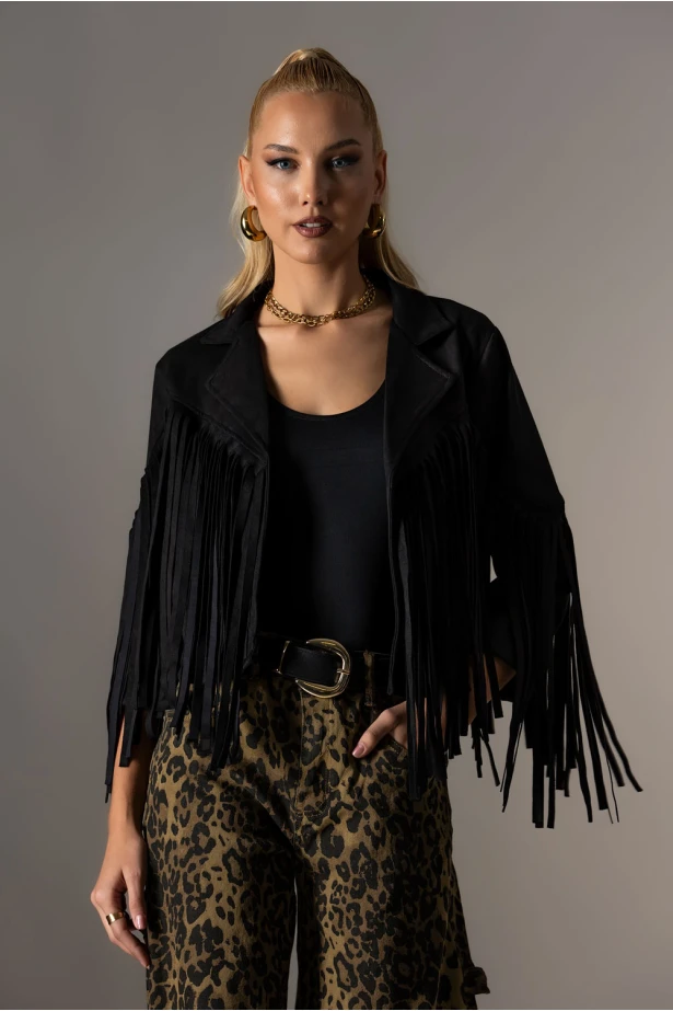 Jacket σουέντ με κρόσια μπροστά μαύρο Jacket σουέντ με κρόσια μπροστά μαύρο
