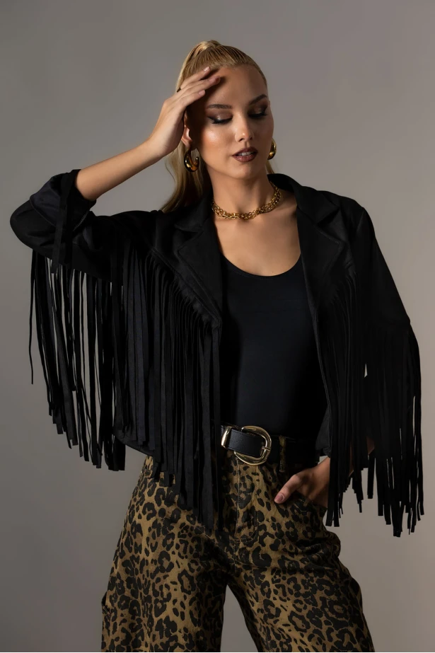 Jacket σουέντ με κρόσια μπροστά μαύρο Jacket σουέντ με κρόσια μπροστά μαύρο