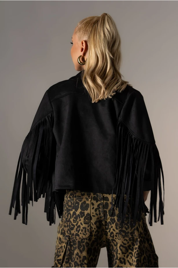 Jacket σουέντ με κρόσια μπροστά μαύρο Jacket σουέντ με κρόσια μπροστά μαύρο