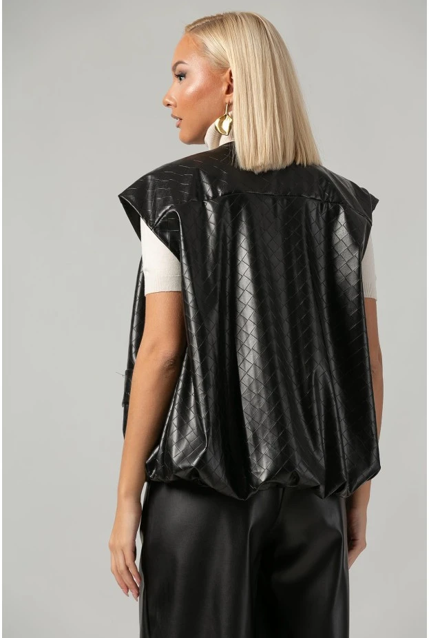 Leather jacket καπιτονέ αμάνικο με φερμουάρ και λάστιχο μαύρο