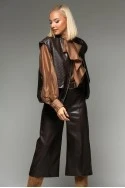 Leather jacket καπιτονέ αμάνικο με φερμουάρ και λάστιχο καφέ